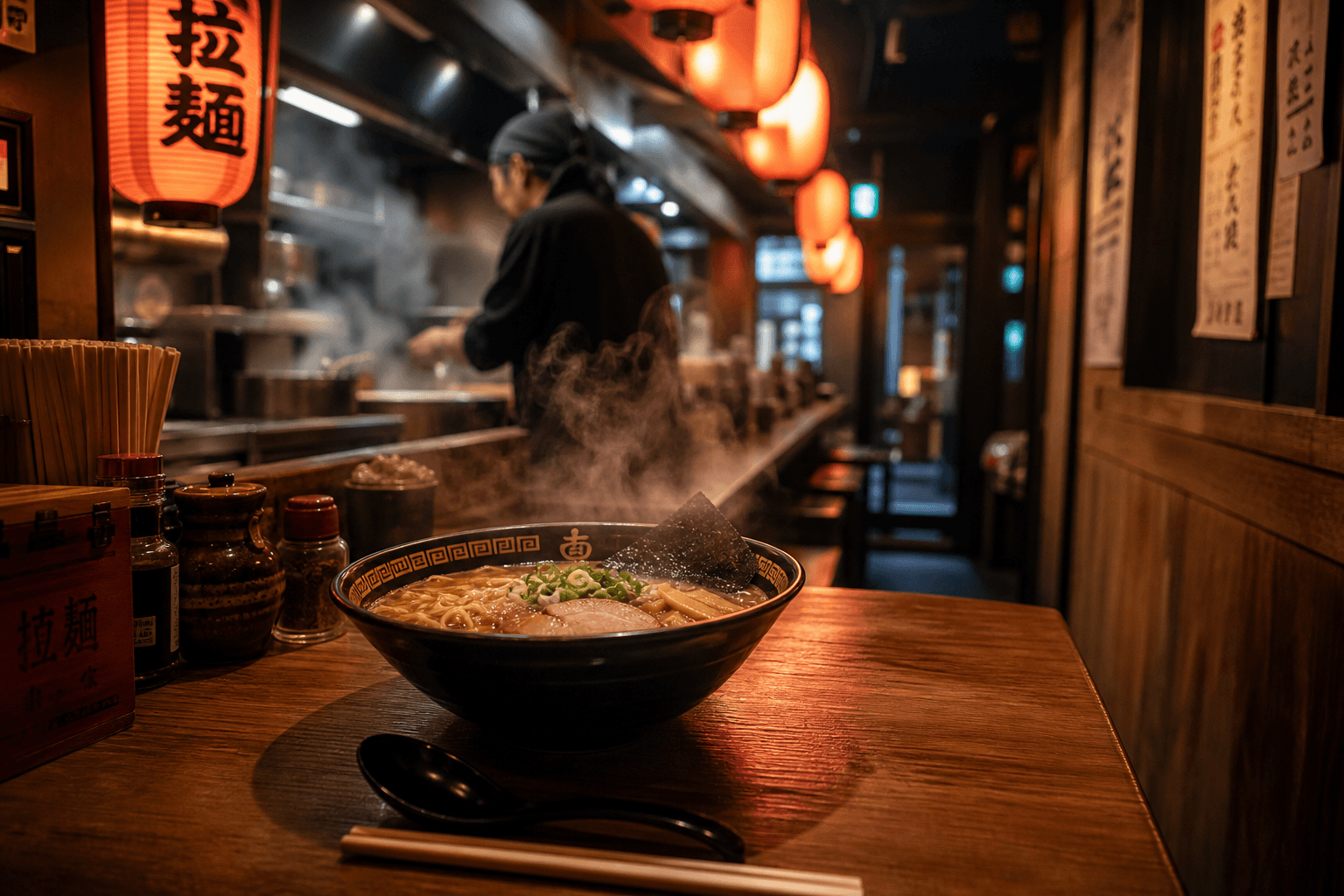 AI-generated cozy ramen shop interior with steam